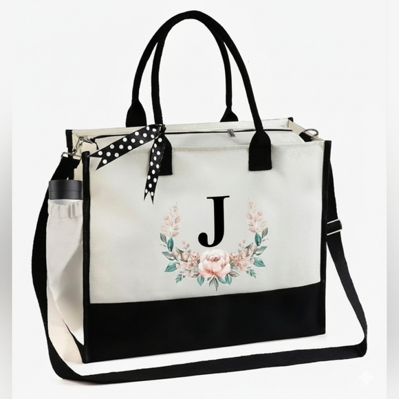 Handbags - Monogrammed Floral Letter -J- Canvas Tote Bag Zipper Pocket Side Pouch Gift NWT